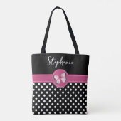 Vlinder zwart roze monogram polka stippen draagtas (Achterkant)