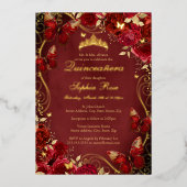Vlinderbloem Royal Red Quinceanera Folie Uitnodiging (Voorkant)