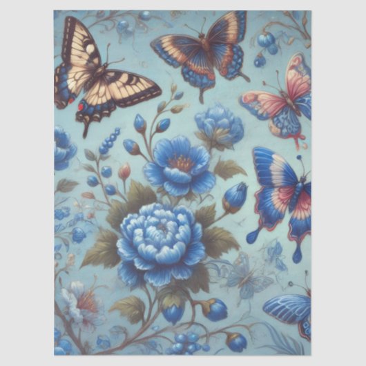 Vlinderbloemen Vlinders Blauw Decoupage Tissuepapier (Voorkant)