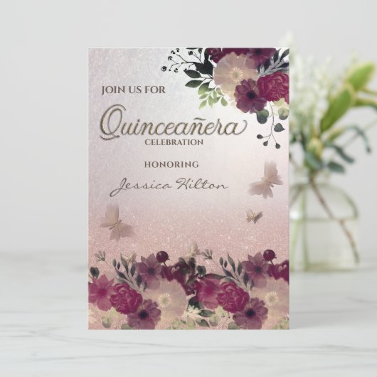Vlinderbloementuin Quinceañera Uitnodiging (Staand voorkant)