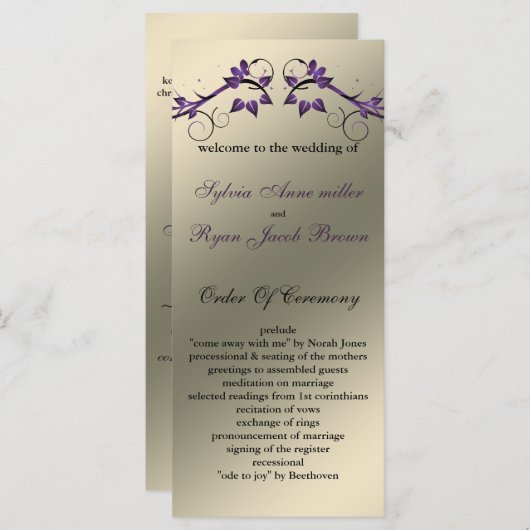 vlinderbloemig ivoor paarse Trouwprogramma Programma (Voorkant / Achterkant)