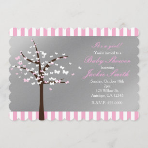 Vlinderboom Grijs & Roze Baby Shower Uitnodiging