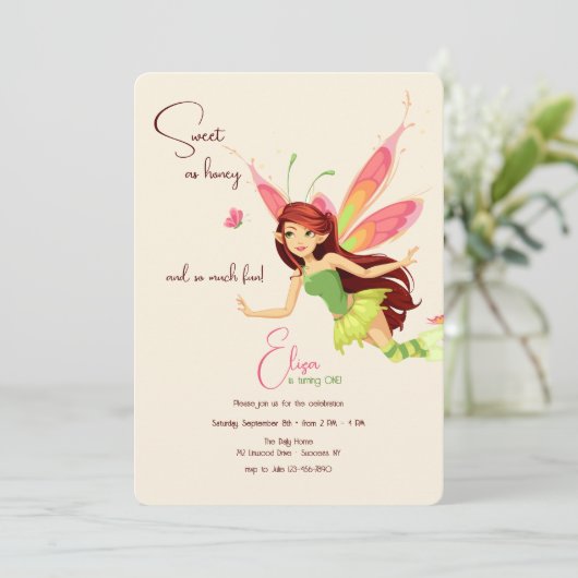 Vlinderfee verjaardagsfeest uitnodigingen (Staand voorkant)