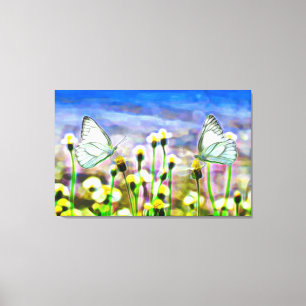 Vlindergeel Bloemen Waterverf Blauwe lucht Canvas Afdruk