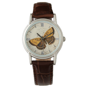 vlinderillustratie, goud en bruin horloge