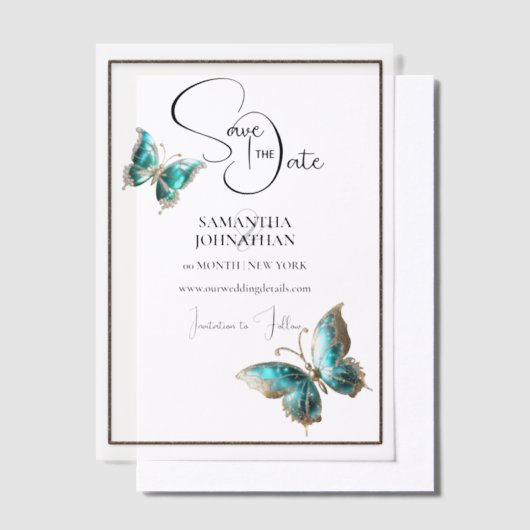 Vlinderjuweel blauw zilver save the date vellum uitnodigingen (Offset)