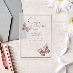 Vlinderjuweel roze zilver save the date vellum uitnodigingen