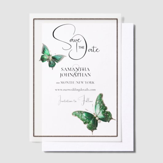 Vlinderjuweel smaragdgroen zilver save the date vellum uitnodigingen (Offset)