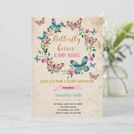 Vlinderkusjes en verjaardagswensen uitnodiging (Staand voorkant)