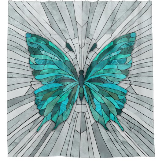 Vlindermozaïek - Emerald groen en grijs Douchegordijn (Voorkant)