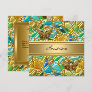 Vlindermozaïek verjaardagsfeestje goud teal blauw kaart