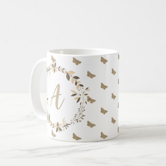 Vlinderpatroon Girly Schattige Modern Monogram Koffiemok (Voorkant links)