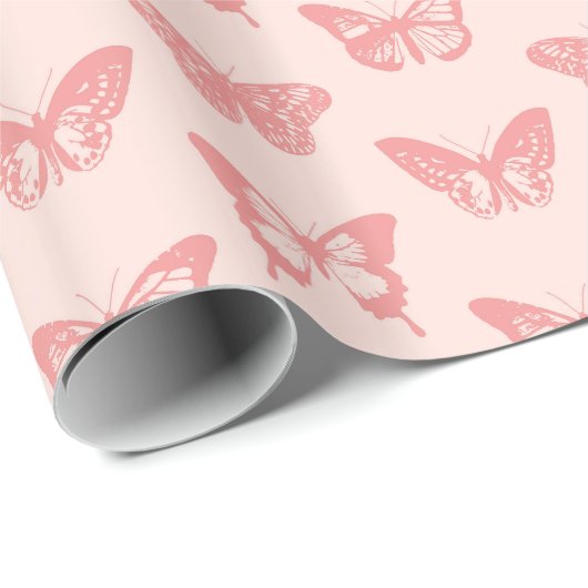 vlinderroze koraalroze cadeaupapier (Rol Hoek)