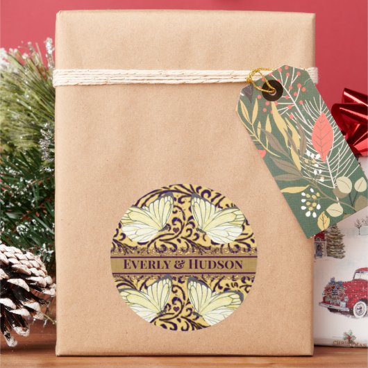 Vlinders Draai Paarse en Oranje Ronde Sticker (Feestdagen)