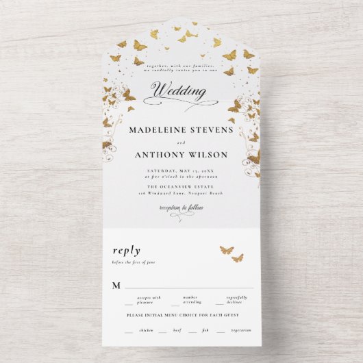 Vlinders Elegante kalligrafie Romantische bruiloft All In One Uitnodiging (Binnen)