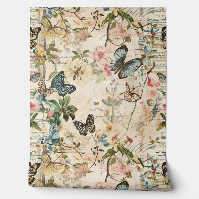  Vlinders en Bloemen Behang (Afrollen)