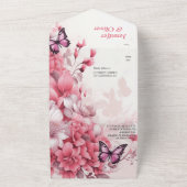 Vlinders en bloemen in verschillende tinten roze all in one uitnodiging (Buitenkant)