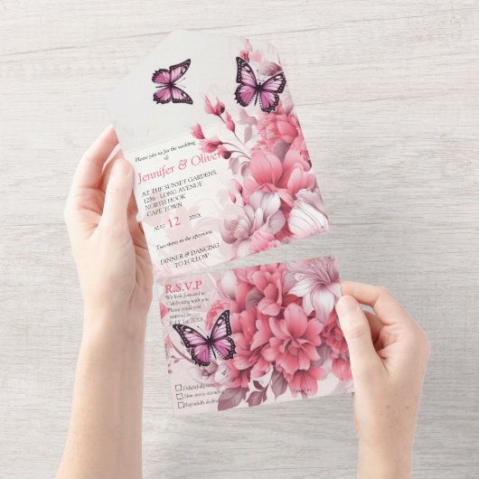 Vlinders en bloemen in verschillende tinten roze all in one uitnodiging (Afscheurbaar)