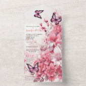 Vlinders en bloemen in verschillende tinten roze all in one uitnodiging (Binnen)