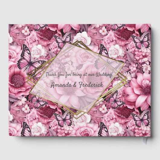 Vlinders en bloemen in verschillende tinten roze gastenboek (Achterkant)