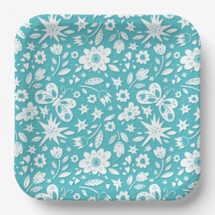 Vlinders en bloemen op Aqua Papieren Bordje
