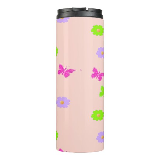 vlinders en bloemen, roze thermosbeker (Achterkant)