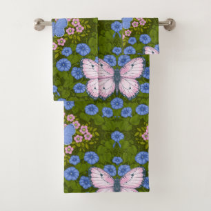 Vlinders en bloemen symmetrie, blauw en roze bad handdoek