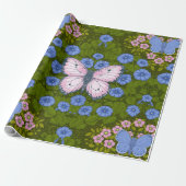 Vlinders en bloemen symmetrie, blauw en roze cadeaupapier (Uitgerold)