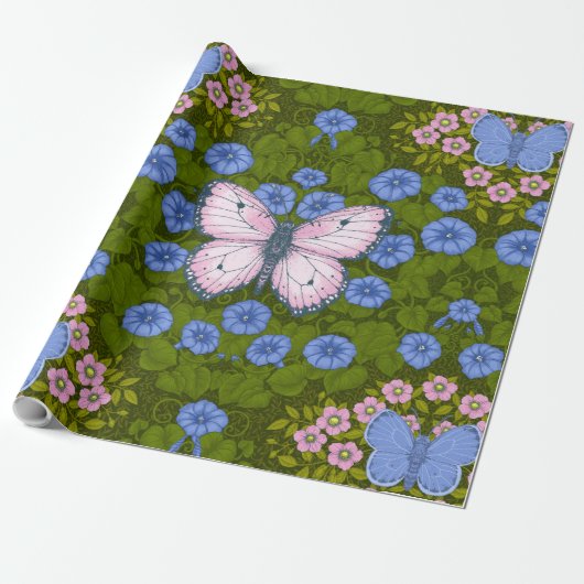 Vlinders en bloemen symmetrie, blauw en roze cadeaupapier (Uitgerold)