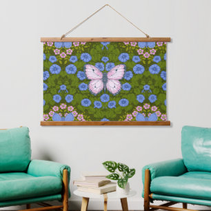 Vlinders en bloemen symmetrie, blauw en roze hangend wandkleed