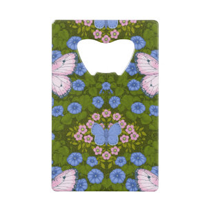 Vlinders en bloemen symmetrie, blauw en roze kredietkaart flessenopener