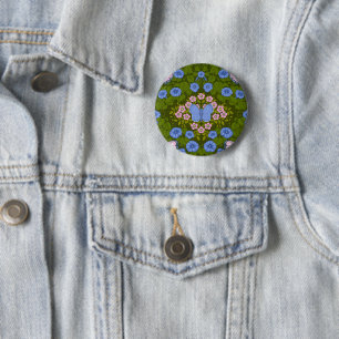 Vlinders en bloemen symmetrie, blauw en roze ronde button 5,7 cm