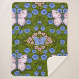 Vlinders en bloemen symmetrie, blauw en roze sherpa deken