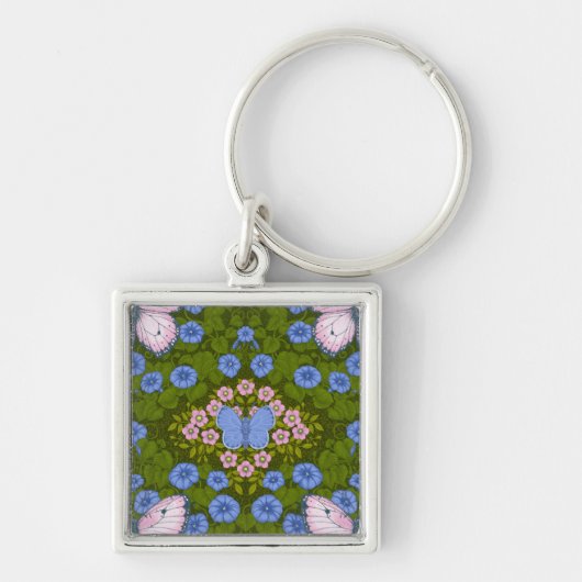 Vlinders en bloemen symmetrie, blauw en roze sleutelhanger (Voorkant)
