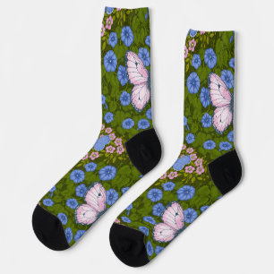 Vlinders en bloemen symmetrie, blauw en roze sokken