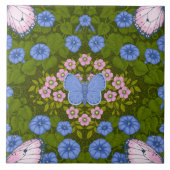 Vlinders en bloemen symmetrie, blauw en roze tegeltje (Voorkant)