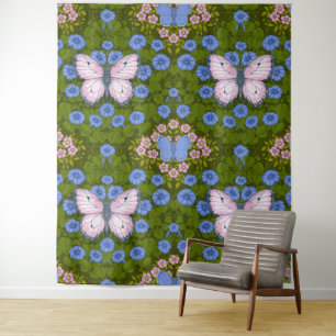 Vlinders en bloemen symmetrie, blauw en roze wandkleed