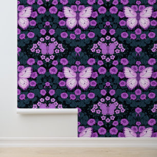 Vlinders en bloemen symmetrie, violet en blauw behang
