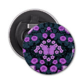 Vlinders en bloemen symmetrie, violet en blauw button flesopener (Voorkant)