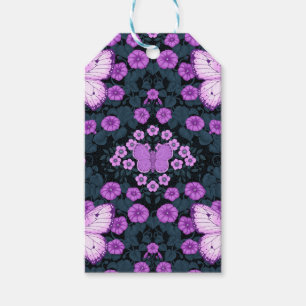 Vlinders en bloemen symmetrie, violet en blauw cadeaulabel