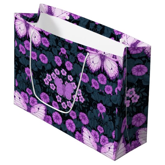 Vlinders en bloemen symmetrie, violet en blauw groot cadeauzakje (Voorkant Gekanteld)