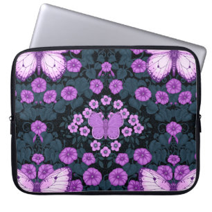 Vlinders en bloemen symmetrie, violet en blauw laptop sleeve