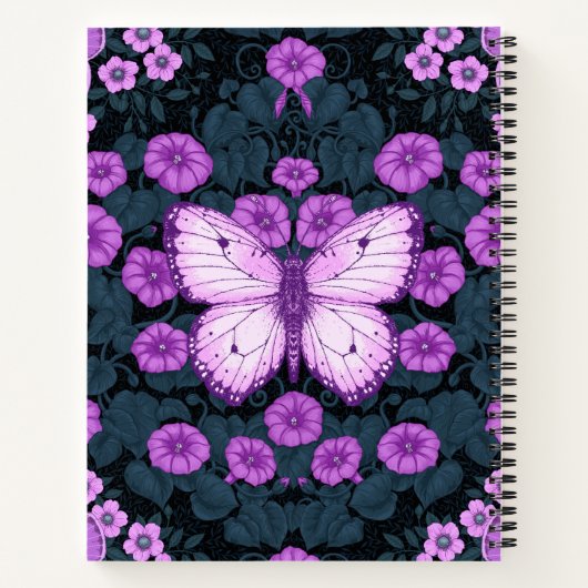 Vlinders en bloemen symmetrie, violet en blauw notitieboek (Achterkant)