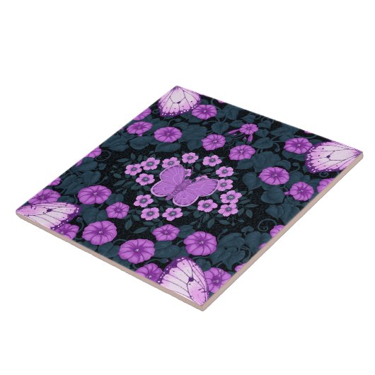 Vlinders en bloemen symmetrie, violet en blauw tegeltje (Zijkant)