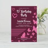 Vlinders en harten roze meisje 13e verjaardag kaart (Staand voorkant)