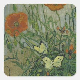 Vlinders en klaprozen door Vincent van Gogh Vierkante Sticker