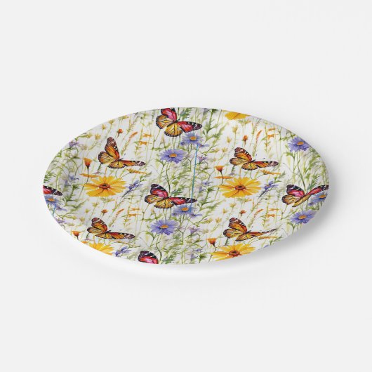 Vlinders en madeliefjes in een weide papieren bordje (Gekanteld)