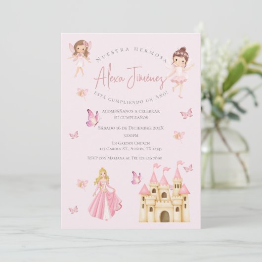 Vlinders en prinsessen 1e verjaardag in het Spaans Kaart (Staand voorkant)