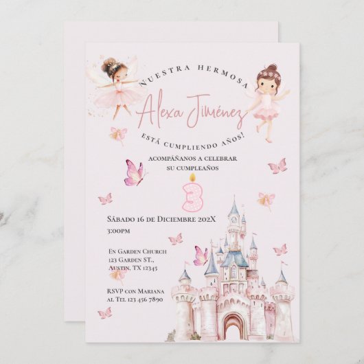 Vlinders en prinsessen 3e verjaardag in het Spaans Kaart (Voorkant / Achterkant)