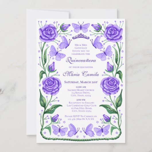 Vlinders en Rozen Lila Princess Quinceanera Kaart (Voorkant)